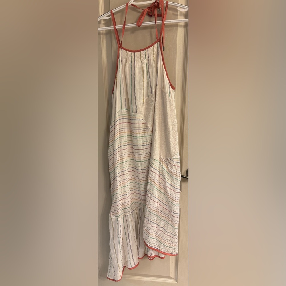 Colorful & Sparkly Asymmetrical Striped Dress, Lined, with Pink Trim M